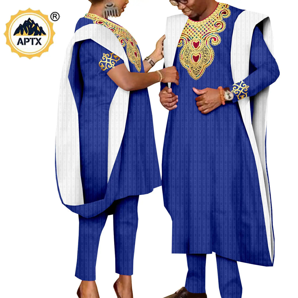 African 3 Pieces Suit for Men Matching Couple Outfits Agbada Dashiki Women Muslim Sets Bazin Riche Applique Robes Asoebi Y23C029