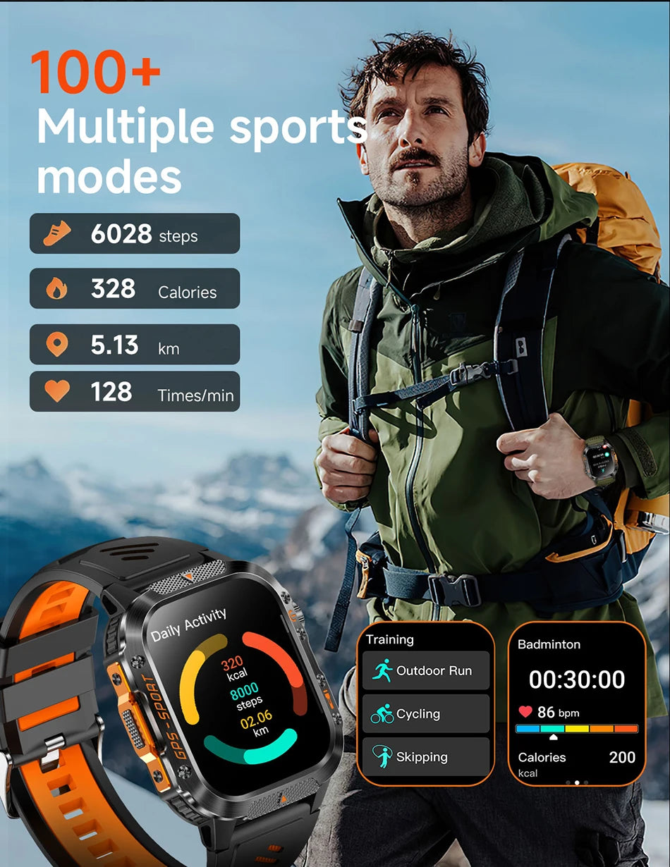 Military GPS Smartwatch Men | 2.01" AMOLED Flashlight Bluetooth 3ATM Waterproof