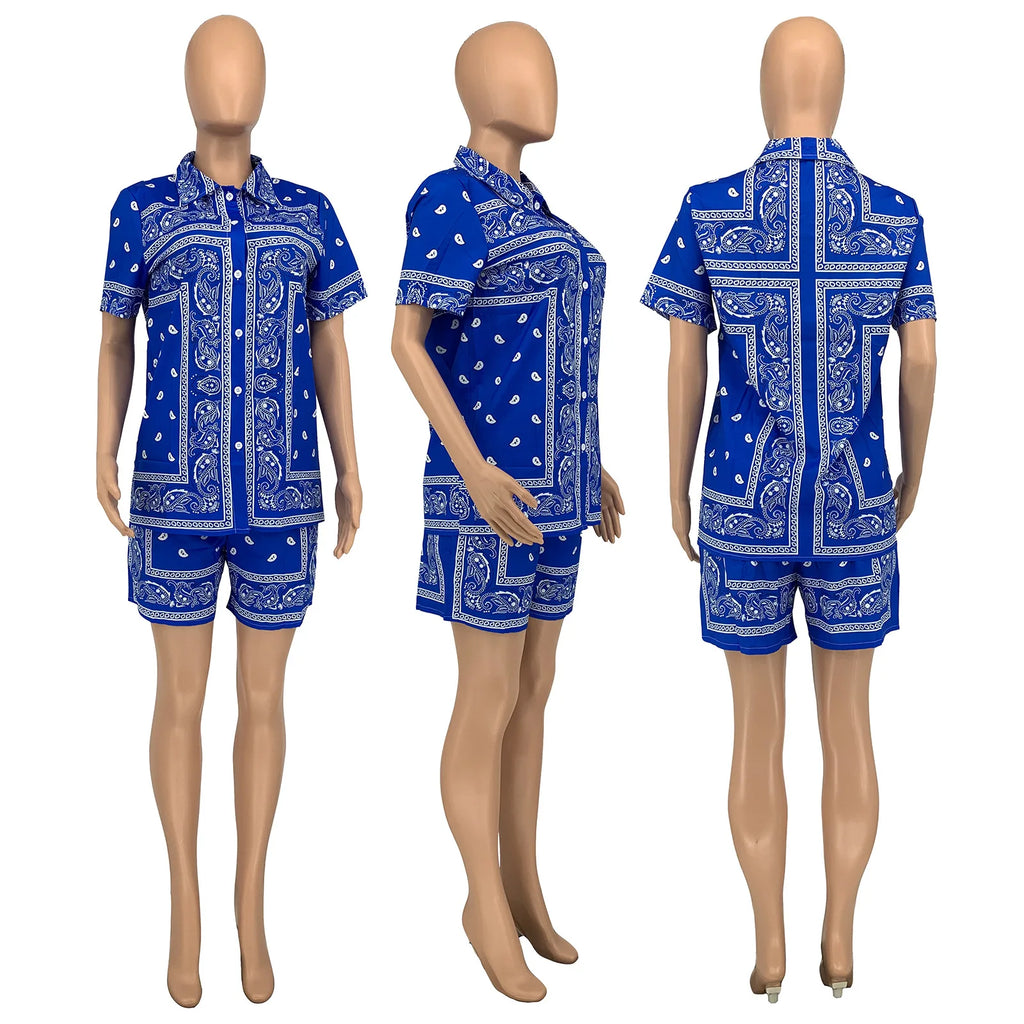 Fashion Paisley Bandana Print 2 Two Piece Sets Women Tracksuit Short Sleeve Shirt + Shorts Sets Female Outfits Matching