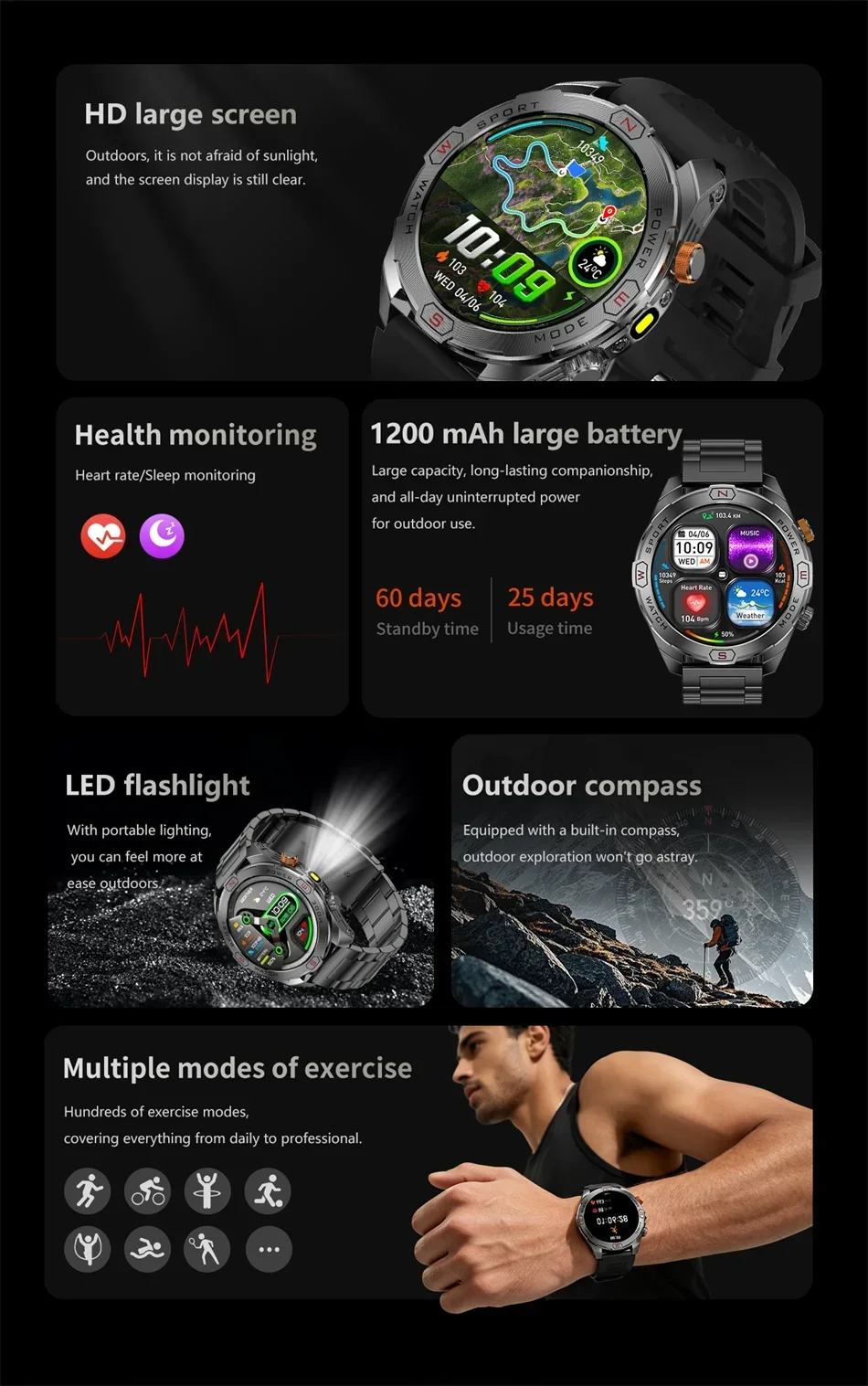 Military Grade 1200 mAh Battery Smart Watch Men LED Flashlight Outdoor Sports Fitness Tracker Compass Bluetooth Call Smartwatch