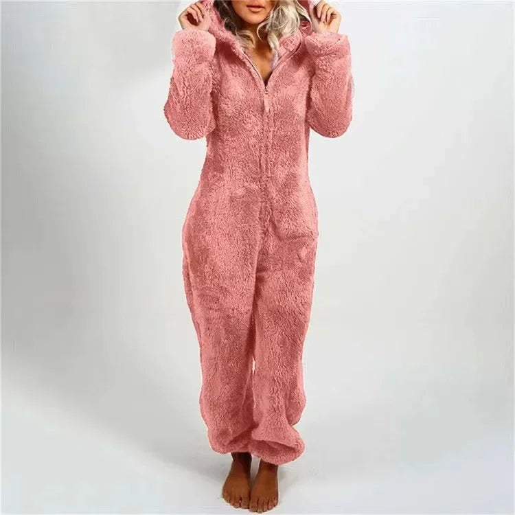 Autumn Winter Thick Fleece Women's Onesie Pajamas with Hat Casual Style Comfortable Soft Fabric