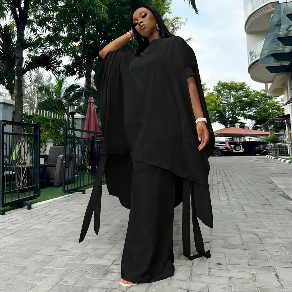 Plus Size Summer N8172 Silk Satin Set Design Shoulder Shawl Top Wide Leg Pants Outfit Elegant Street Style for Women Universa...