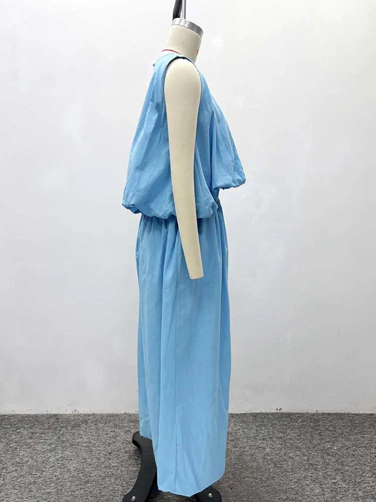 Women's Elegant Two Pieces Sky Blue Sleeveless Top and Wide Leg Pant Casual Loose Fit Summer Outfits Knit Pants Set