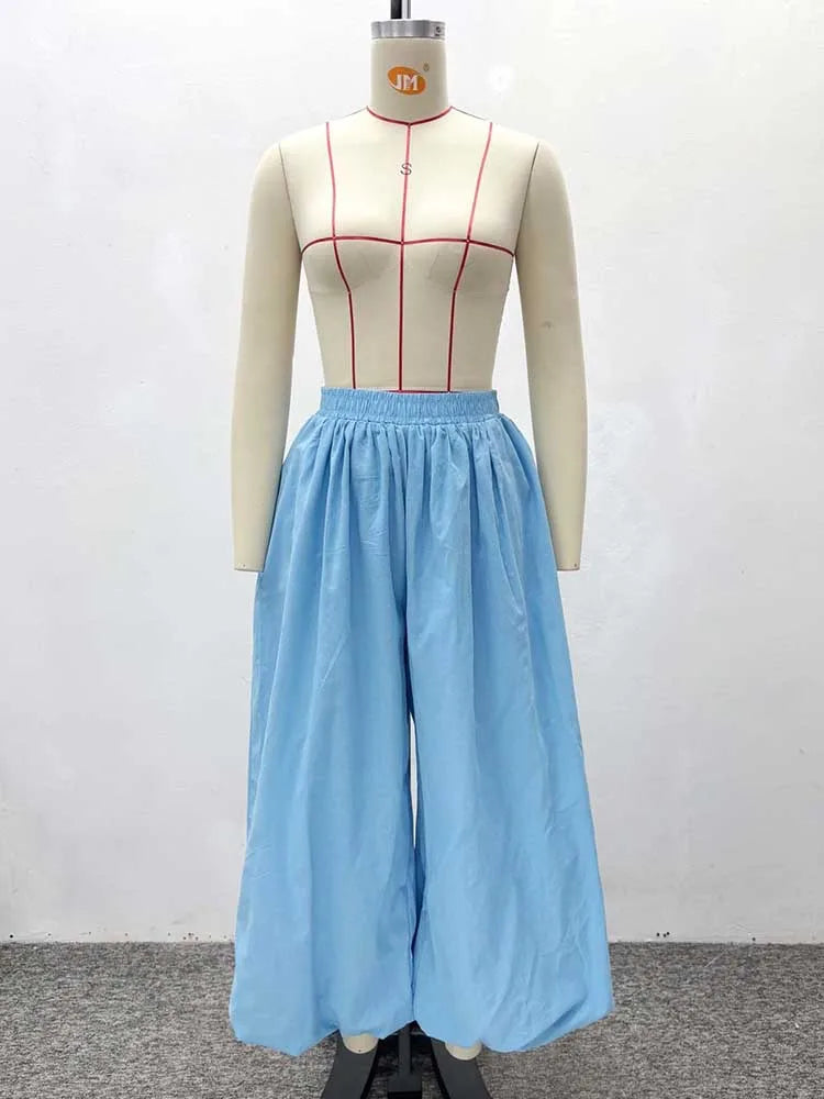 Women's Elegant Two Pieces Sky Blue Sleeveless Top and Wide Leg Pant Casual Loose Fit Summer Outfits Knit Pants Set