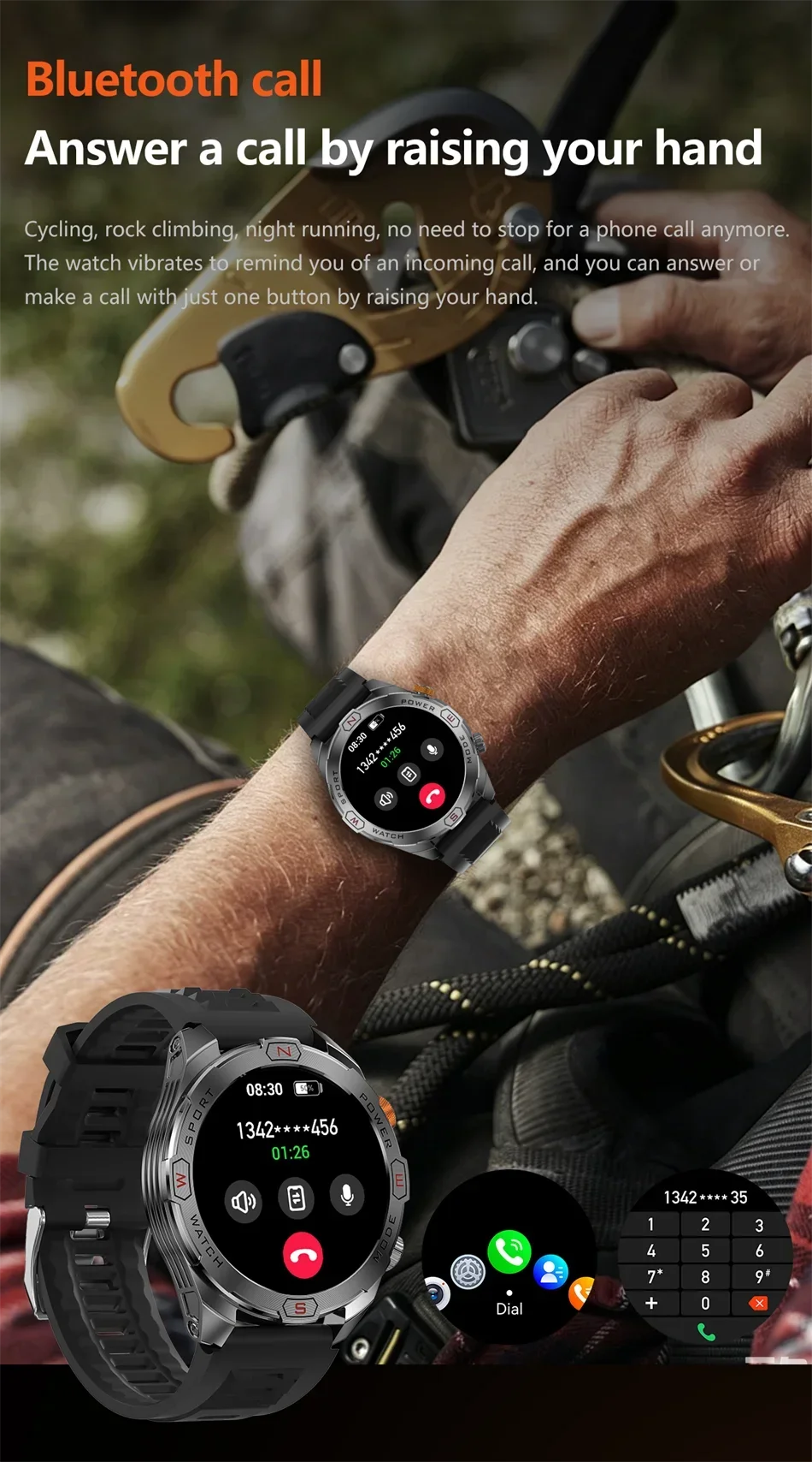 Military Grade 1200 mAh Battery Smart Watch Men LED Flashlight Outdoor Sports Fitness Tracker Compass Bluetooth Call Smartwatch