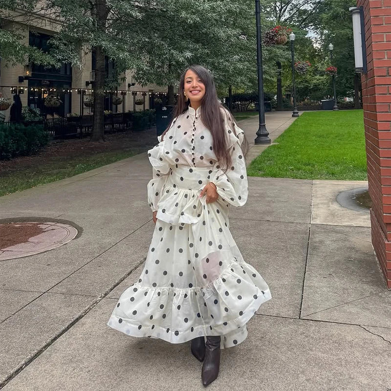 Polka Dot Skirt 2 Piece Set Women Casual High Collar Tie Full Sleeves Elastic High Waist Long Skirt Suit Lady Daily Outfit New