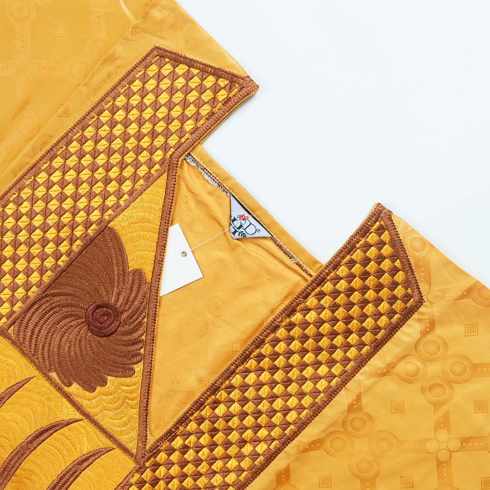 African Men Traditional Embroidery Bazin Riche Dashiki Yellow Shirt Pants 3PCS Bubu Dress Suit