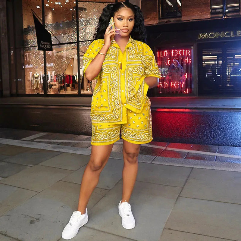 Fashion Paisley Bandana Print 2 Two Piece Sets Women Tracksuit Short Sleeve Shirt + Shorts Sets Female Outfits Matching