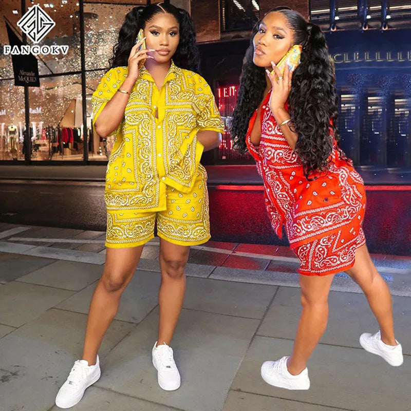 Fashion Paisley Bandana Print 2 Two Piece Sets Women Tracksuit Short Sleeve Shirt + Shorts Sets Female Outfits Matching