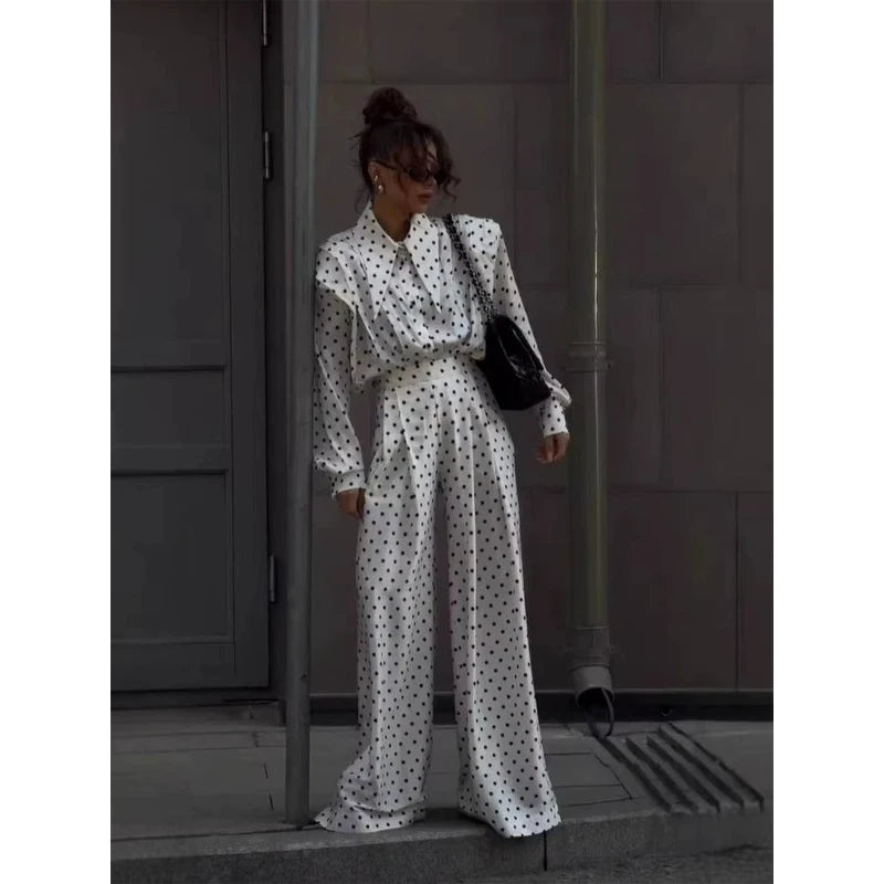 Polka Dot Skirt 2 Piece Set Women Casual High Collar Tie Full Sleeves Elastic High Waist Long Skirt Suit Lady Daily Outfit New