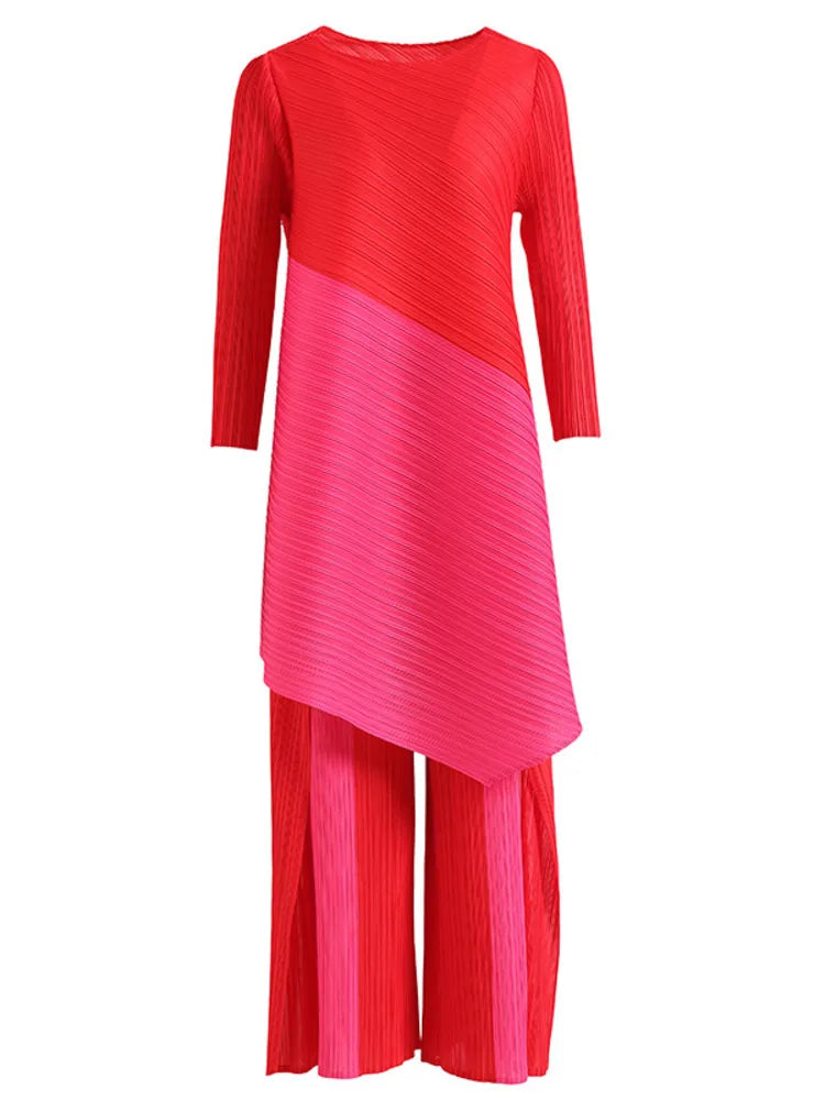 Women's Pleated Sets Contrast Color O-neck Asymmetric Top Dress+ Loose Wide Leg Pant Two-piece Casual Suits
