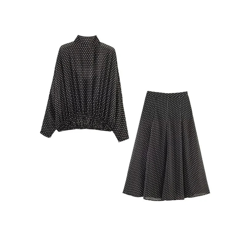 Polka Dot Skirt 2 Piece Set Women Casual High Collar Tie Full Sleeves Elastic High Waist Long Skirt Suit Lady Daily Outfit New