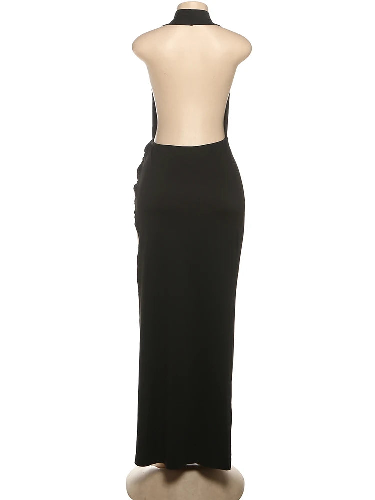 Sexy Backless Long Dress Women Halter Deep V-Neck Sleeveless High Splits Hem New Trend Pool Style Elegant Vestidos