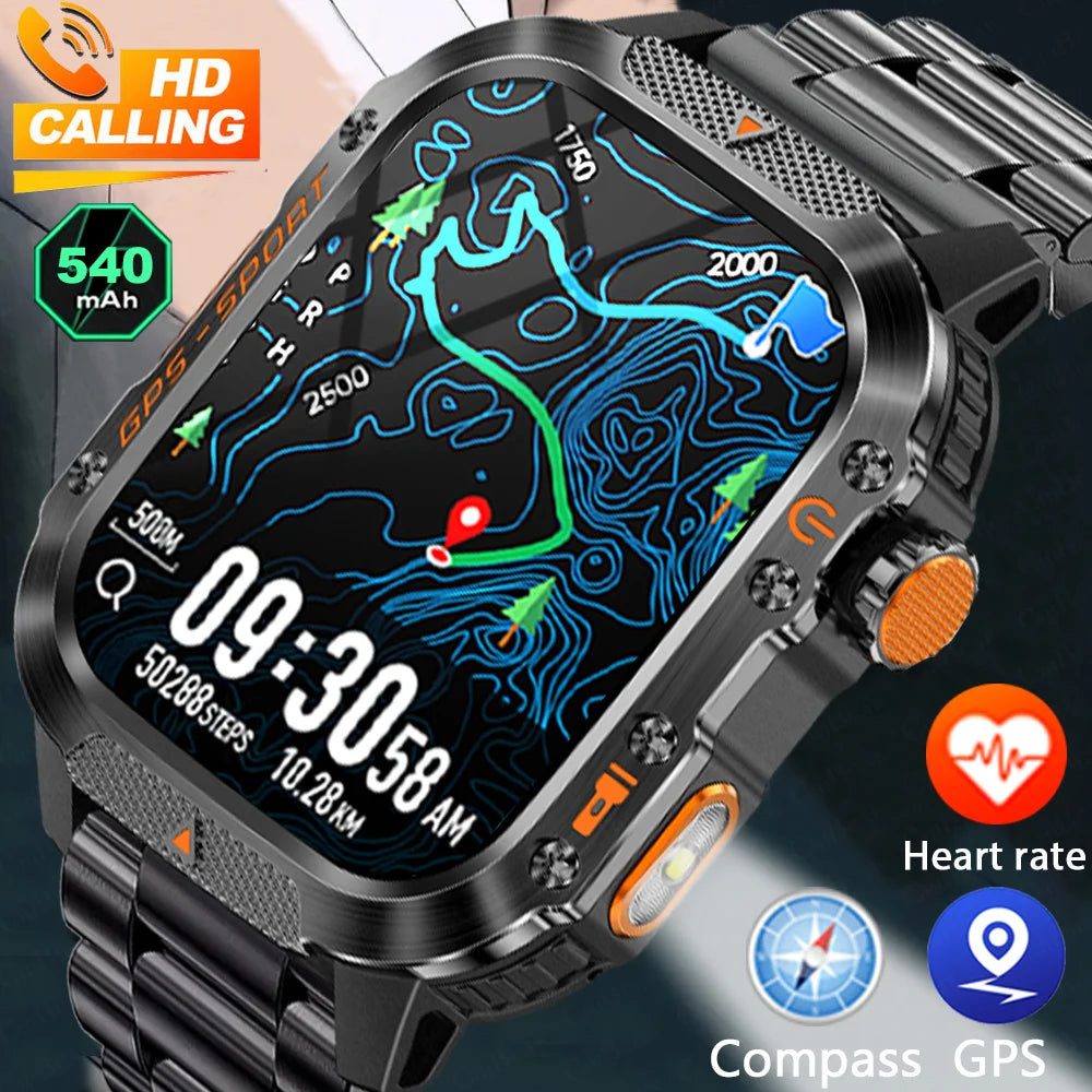 Military GPS Smartwatch Men | 2.01" AMOLED Flashlight Bluetooth 3ATM Waterproof