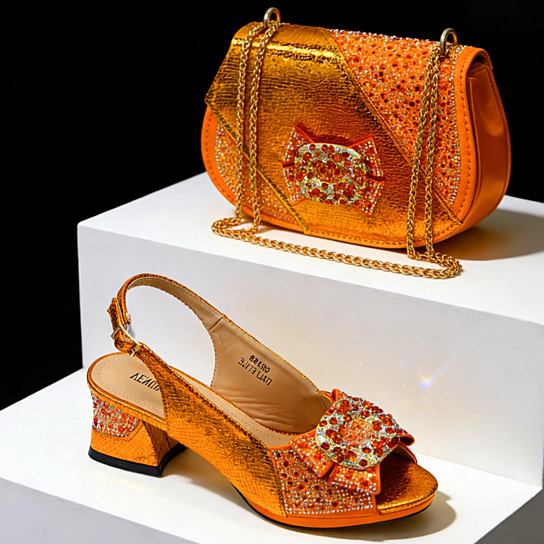 Women Elegant Orange High Heel Shoe and Matching Bag Set with Rhinestone Accents Stylish Peep Toe Design for Party