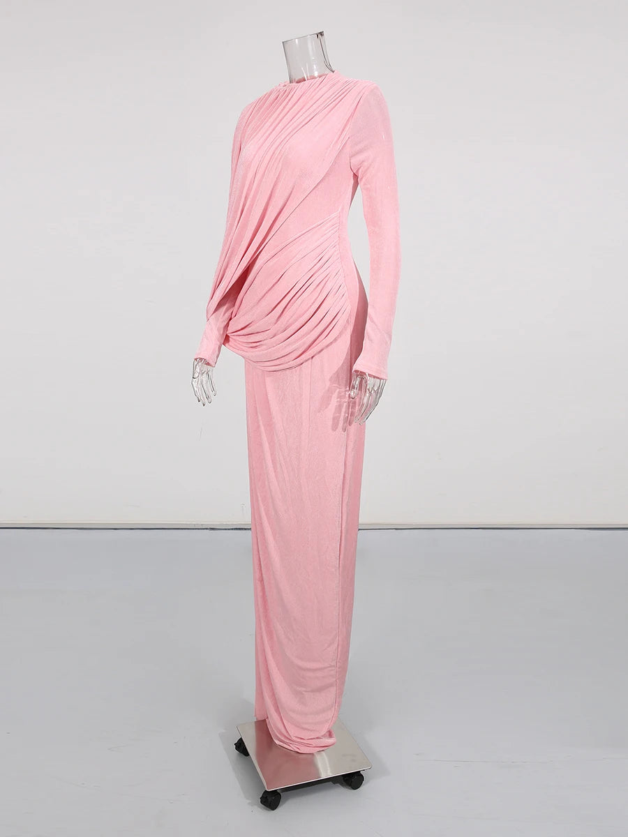 Spliced Folds Irregular Women Round Neck Long Sleeves Tunic Design Sense Long Dress