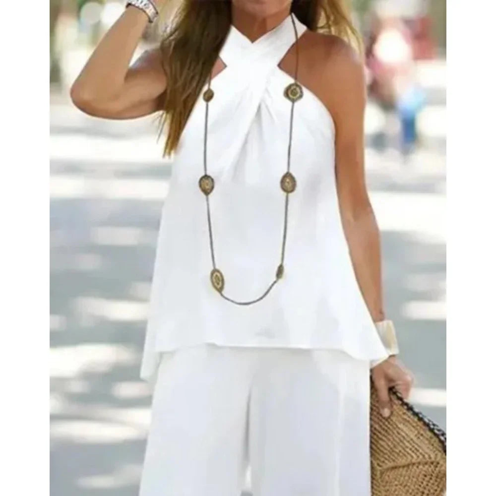 Women's Two-Piece Set Halter Sleeveless V-Neck Top & High Waist Pants Casual Fashion Loose Outfits
