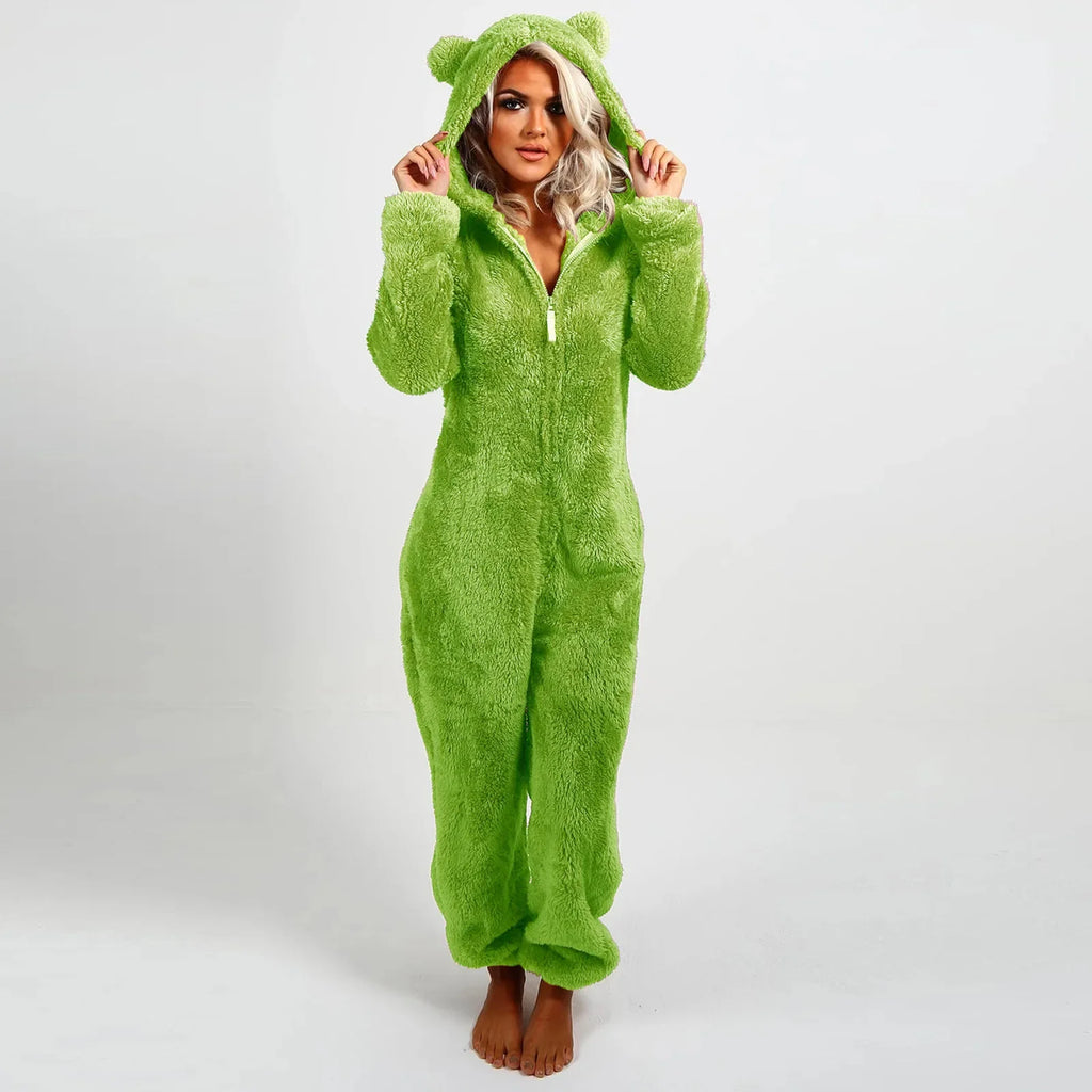 Autumn Winter Thick Fleece Women's Onesie Pajamas with Hat Casual Style Comfortable Soft Fabric