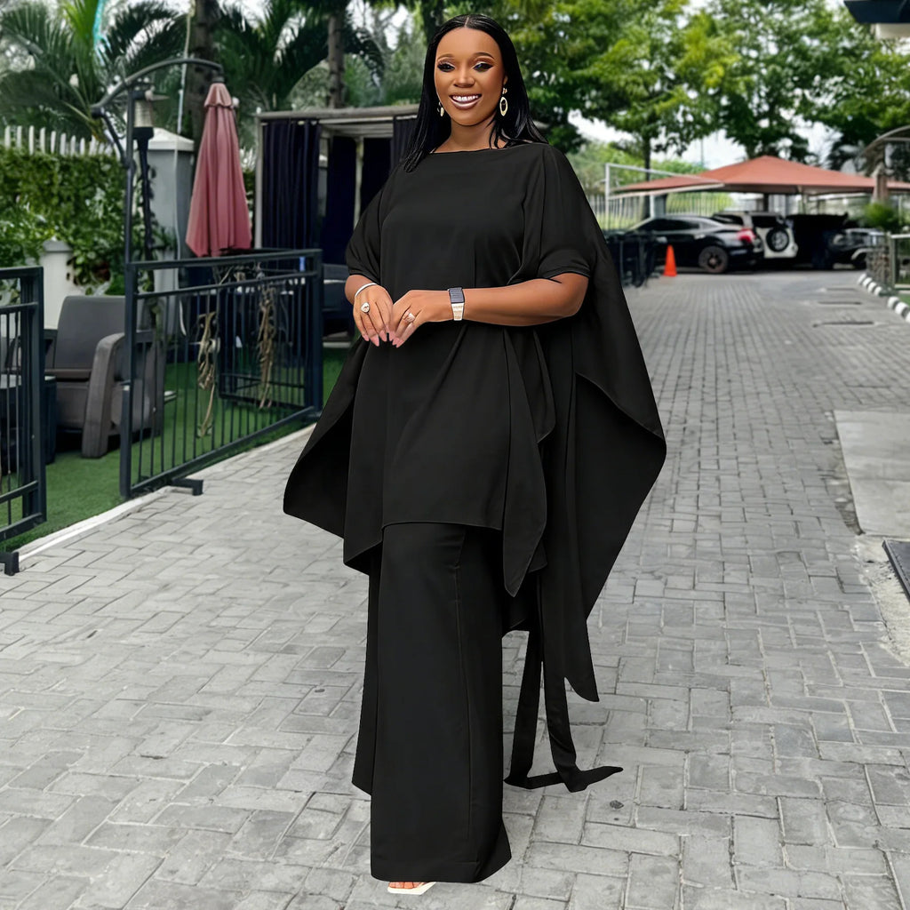 Plus Size Summer N8172 Silk Satin Set Design Shoulder Shawl Top Wide Leg Pants Outfit Elegant Street Style for Women Universa...