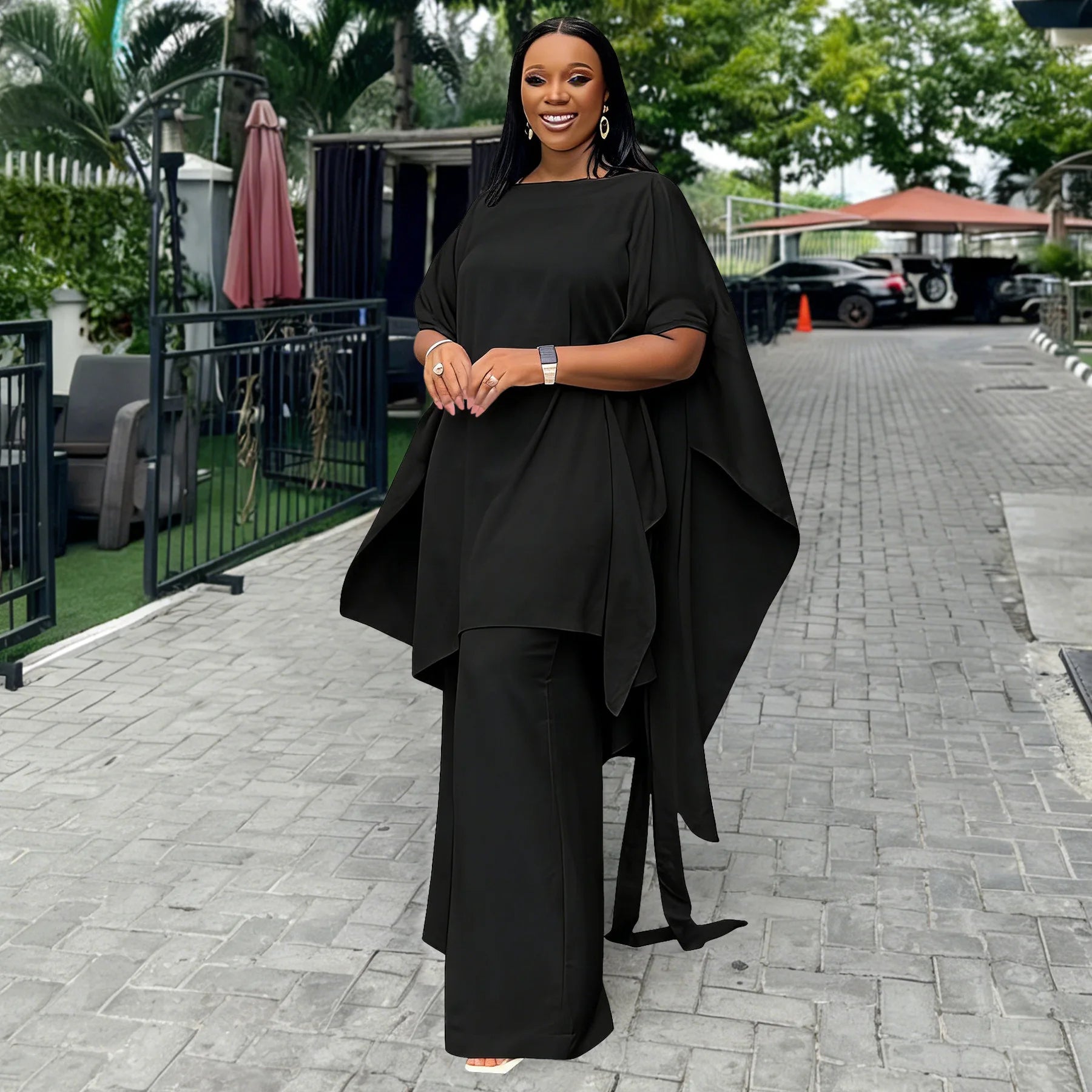 Plus Size Summer N8172 Silk Satin Set Design Shoulder Shawl Top Wide Leg Pants Outfit Elegant Street Style for Women Universa...
