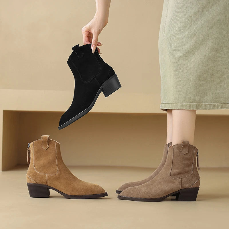 New 2025 Trend Autumn Cow Suede Women Western Boots Black Brown Khaki Chocolate Green Burgundy Pointed Toe Ladies Ankle Boots