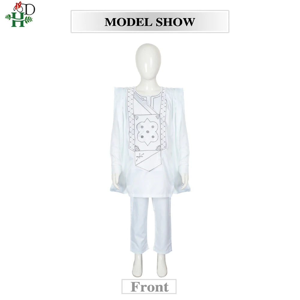 Boys White Blue Long Sleeve Tops Embroidery Dashiki Robe Shirt And Pant Set 3 PCS