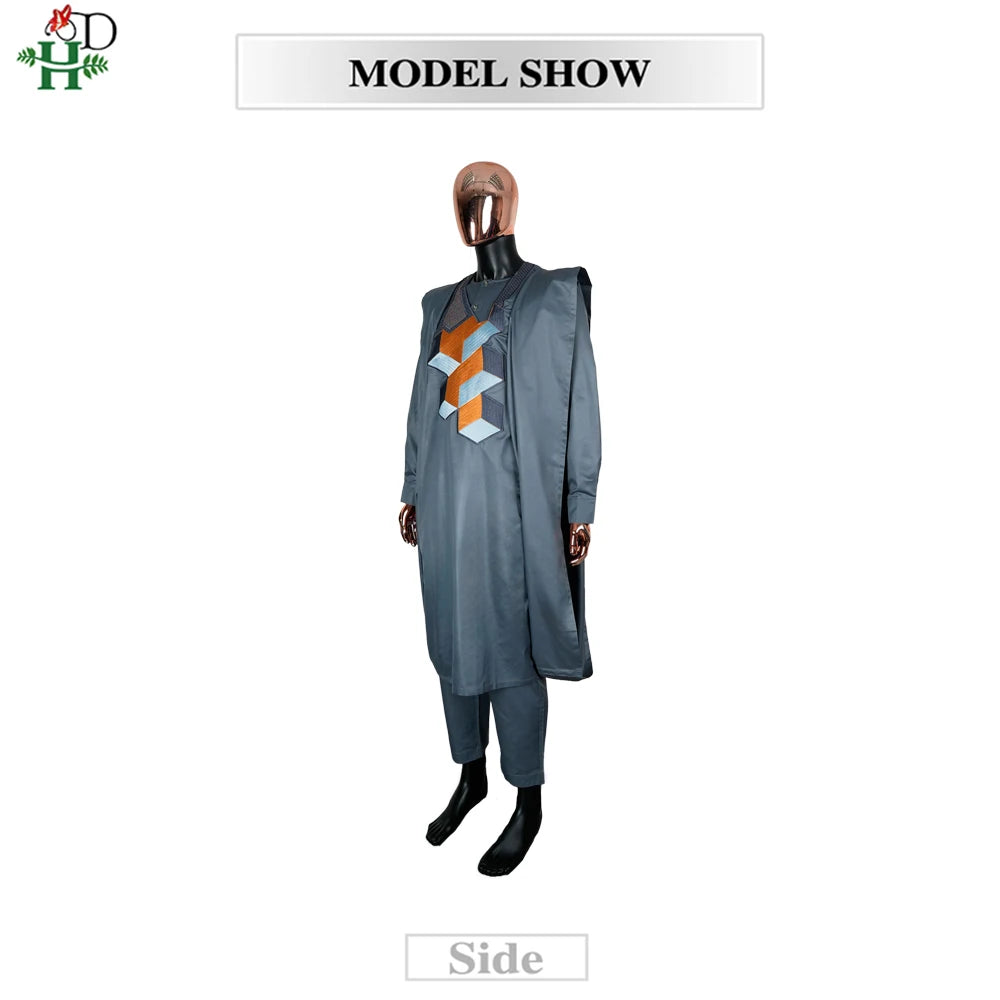 Men's 3-Piece African Embroidery Set | Gray Plus Size Traditional Wear 2025