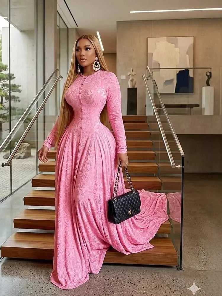 Elegant Luxury Women High Waist Slim Dress Long Sleeves Maxi Evening Dress