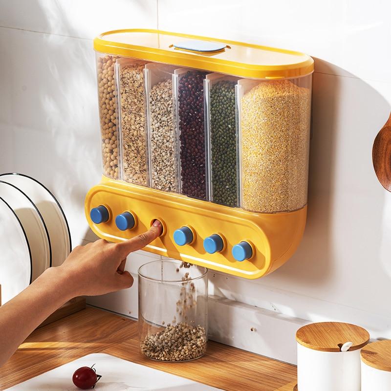 Grids Food Grains Storage Box Tank Sealed Moisture Proof Rice Buckets Wall Mounted Kitchen Bulk Classified Container
