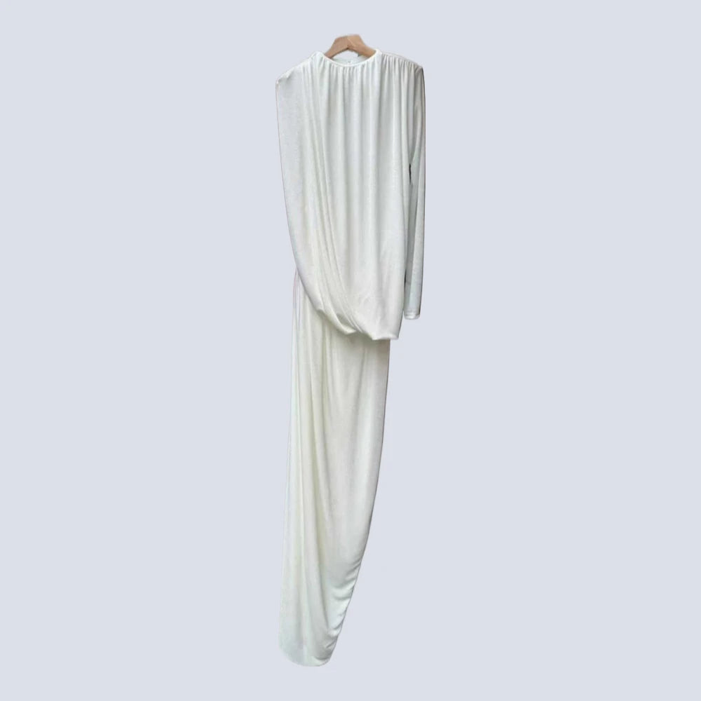 Spliced Folds Irregular Women Round Neck Long Sleeves Tunic Design Sense Long Dress