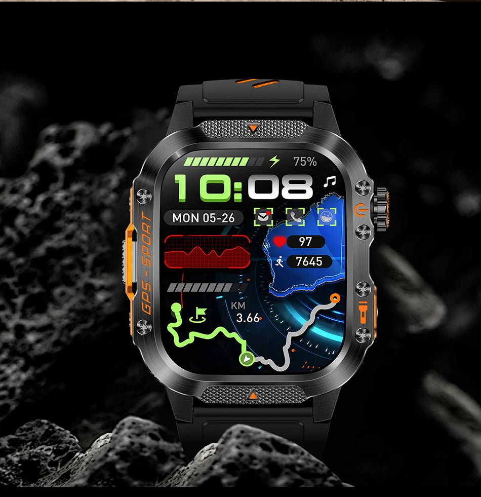 Military GPS Smartwatch Men | 2.01" AMOLED Flashlight Bluetooth 3ATM Waterproof
