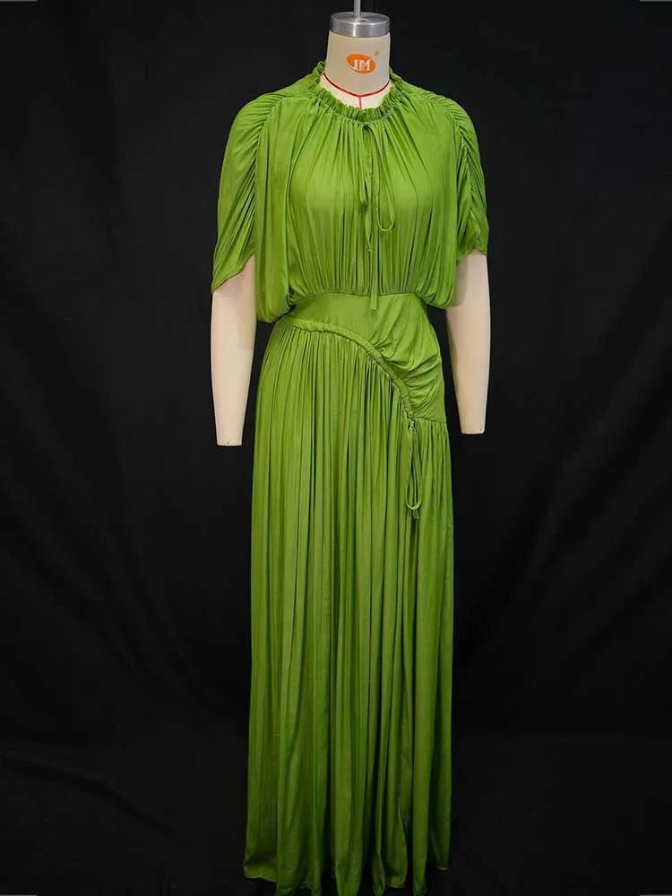 Elegant Olive Green Dress for Women Maxi Summer Dress Waist Draped Straight Type Pleated Party Dress Wholesale Dropshipping