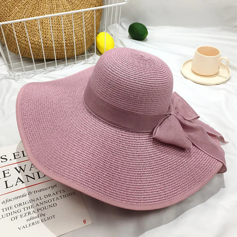 Women Summer Beach Travel Straw Hat Korean Seaside Big Hat Brim Sunblock Sunshade Holiday Foldable Fashion Big Cool Hat