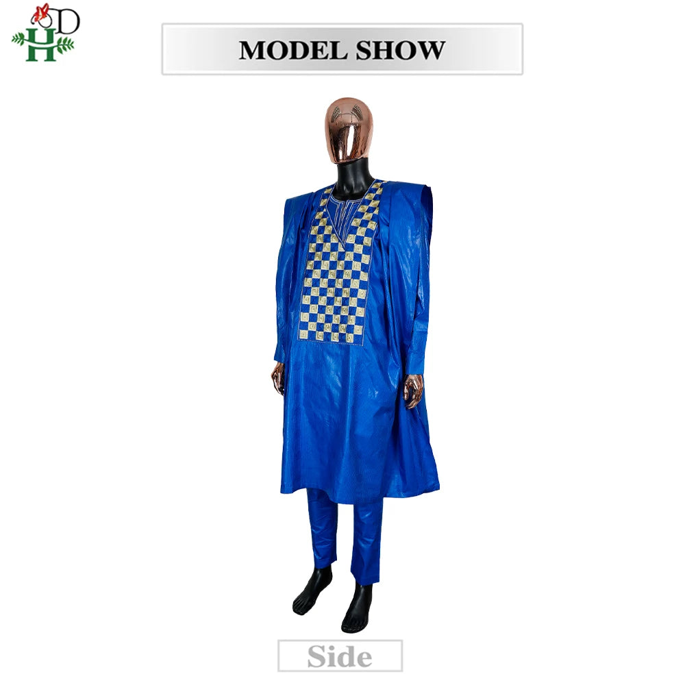 Men's African Agbada 3-Piece Set | Blue Bazin Riche Embroidery Shirt & Trousers | Wedding & Party