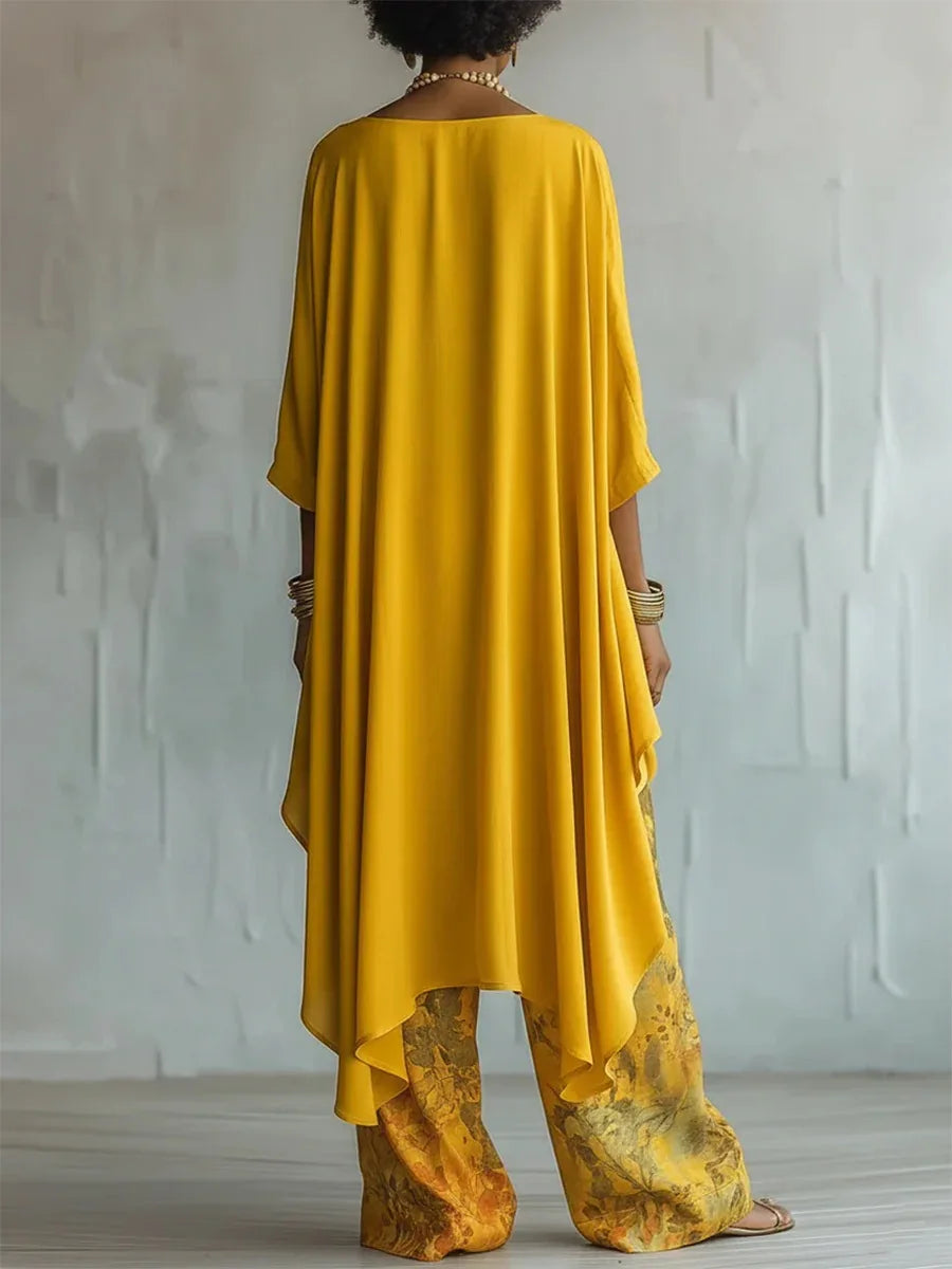 Casual Two Piece Set Loose O-neck 3/4 Sleeve Irregular Solid Color Extended Top Printed Wide Leg Pants Suit Fashion Commuting