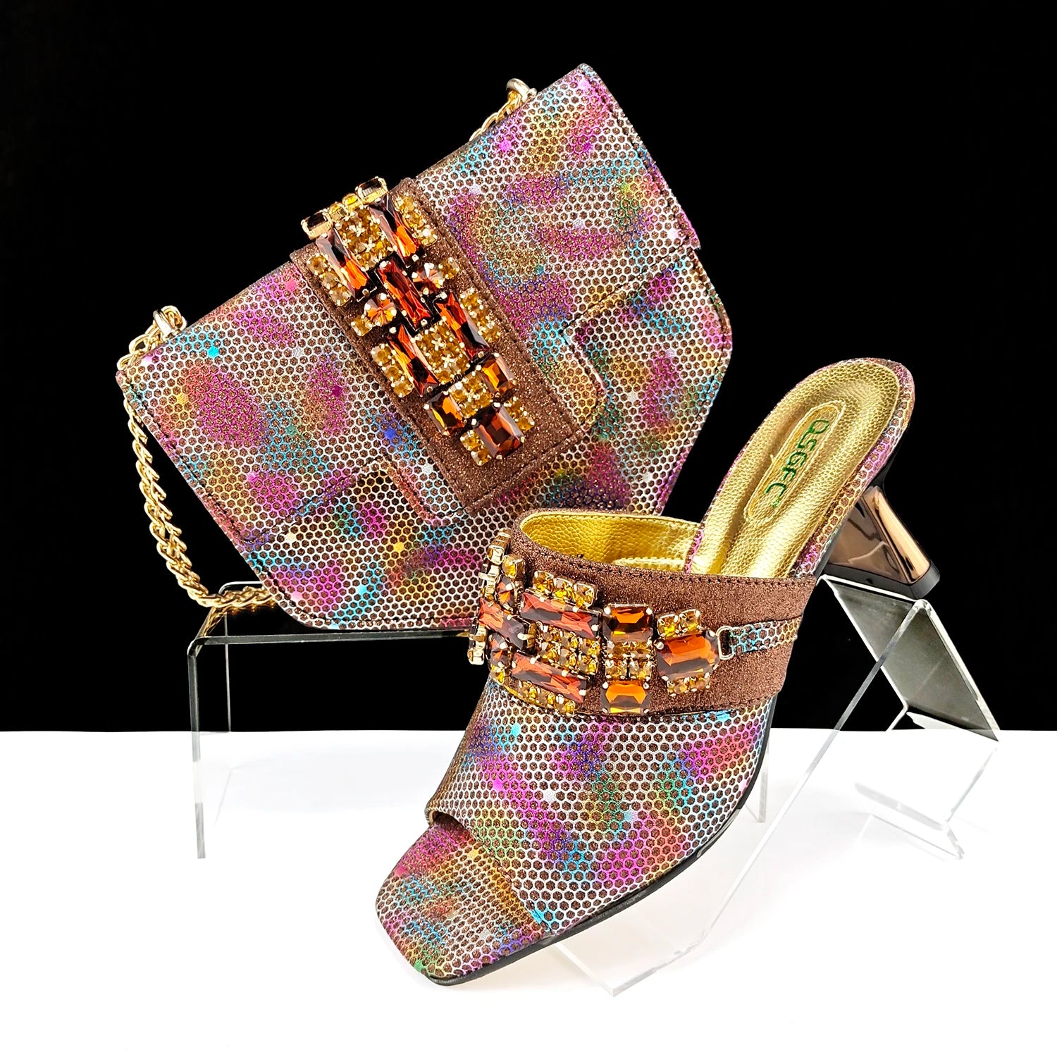 Italian Fashion Square toe Women Strange Heels Bigger size Fashion Rhinestone Decoration Brown Shoes And Bag set Party bag