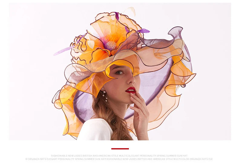 Women's Elegant Fascinators Large Wide Brim Church Hat With Big Flower