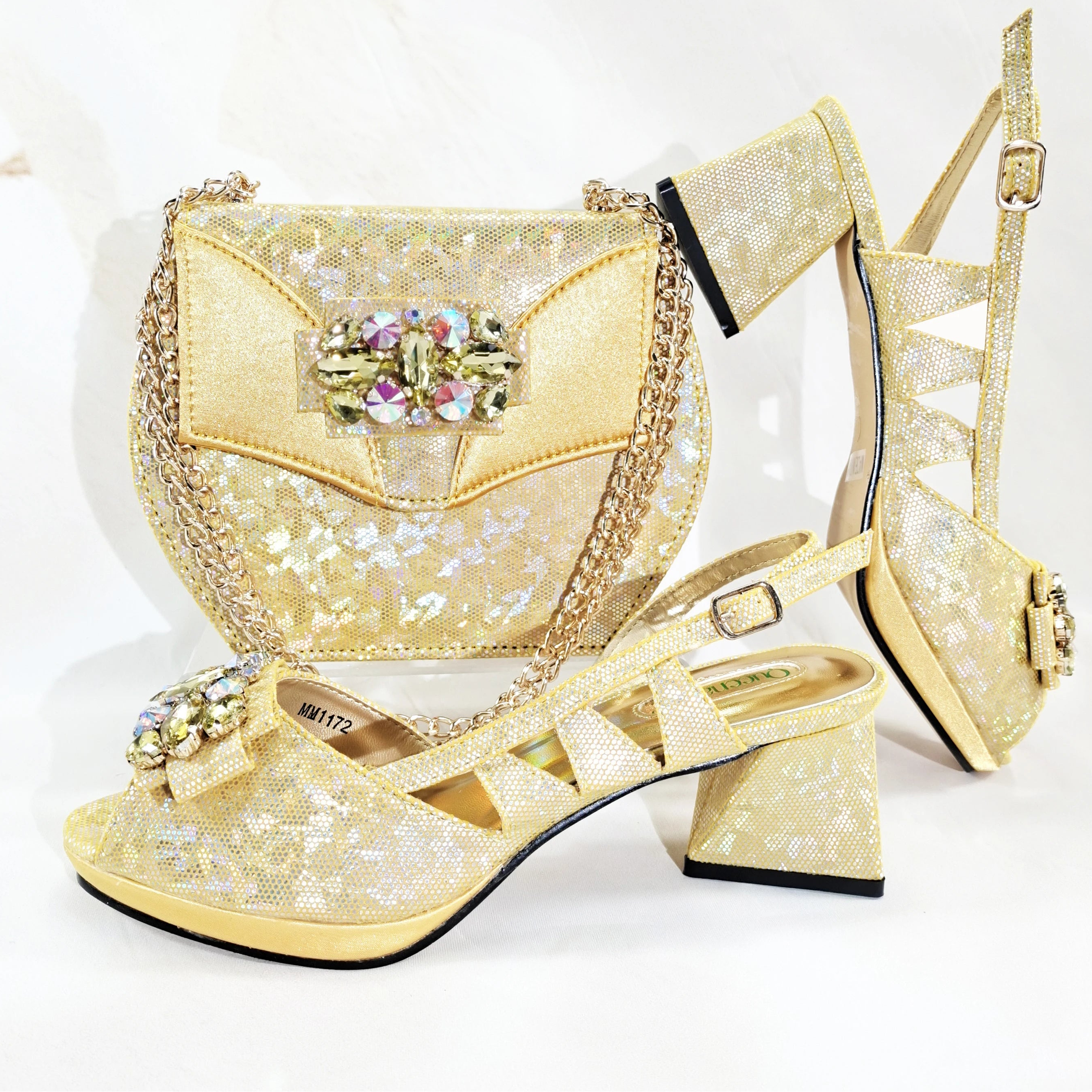 New-Season Peep Toe Ladies Elegant Coral Color Diamond-Embellished High Heels Italian-Designed Shoe and Handbag Set