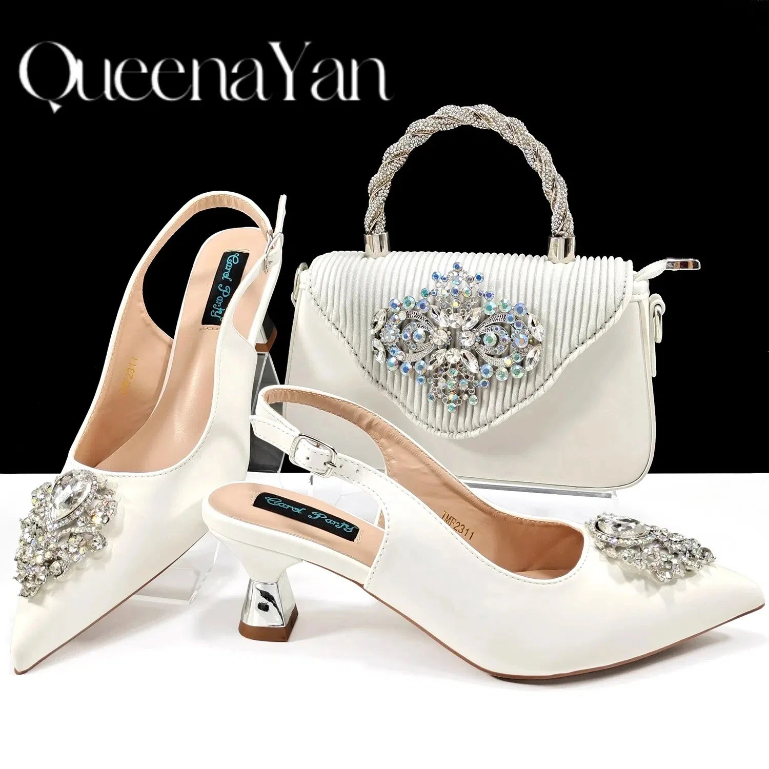 Italian Design Girly Style Silver Color Pointed Toe Wedding Shoes And Bag Full Diamond Decoration Handle Bag