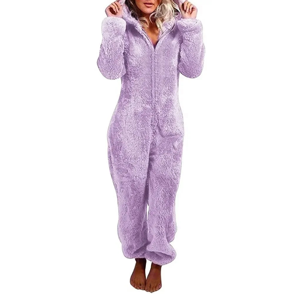 Autumn Winter Thick Fleece Women's Onesie Pajamas with Hat Casual Style Comfortable Soft Fabric