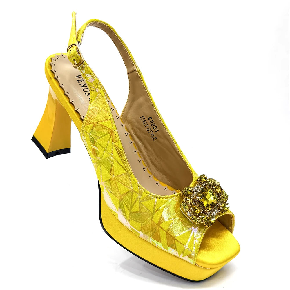 Elegant Women Heels for Peep Toe Good Material Design Rhinestone Fuchsia Sandals Italian Shoes and Bags