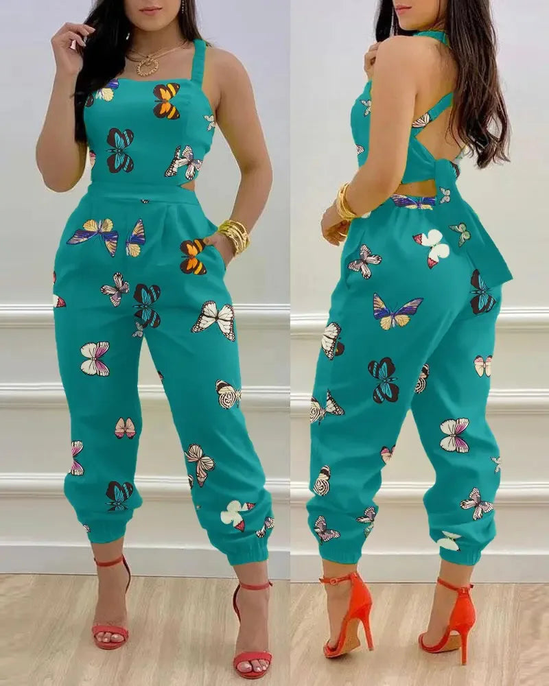 Elegant Women's jumpsuit Summer Fashion Strap Hollow Sexy Off waist Printed jumpsuit