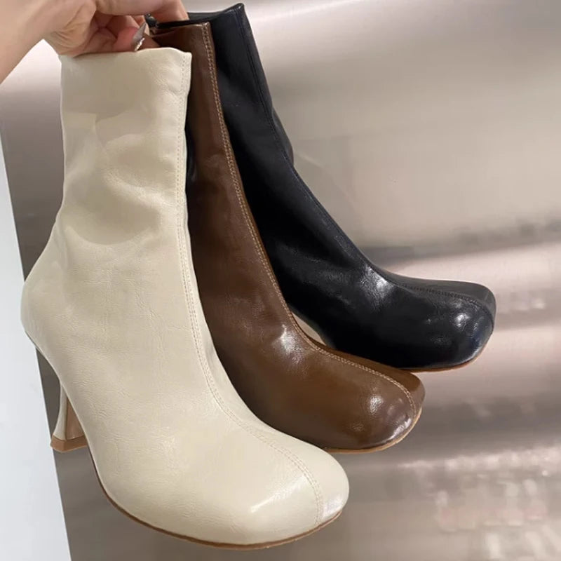 JOZHAMTA Size 34-43 Women Real Leather Thin Heels Ankle Boots Slip On Warm Autumn Winter Sexy Round Toe Elegant Short Boots