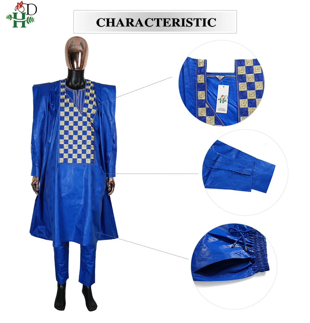 Men's African Agbada 3-Piece Set | Blue Bazin Riche Embroidery Shirt & Trousers | Wedding & Party