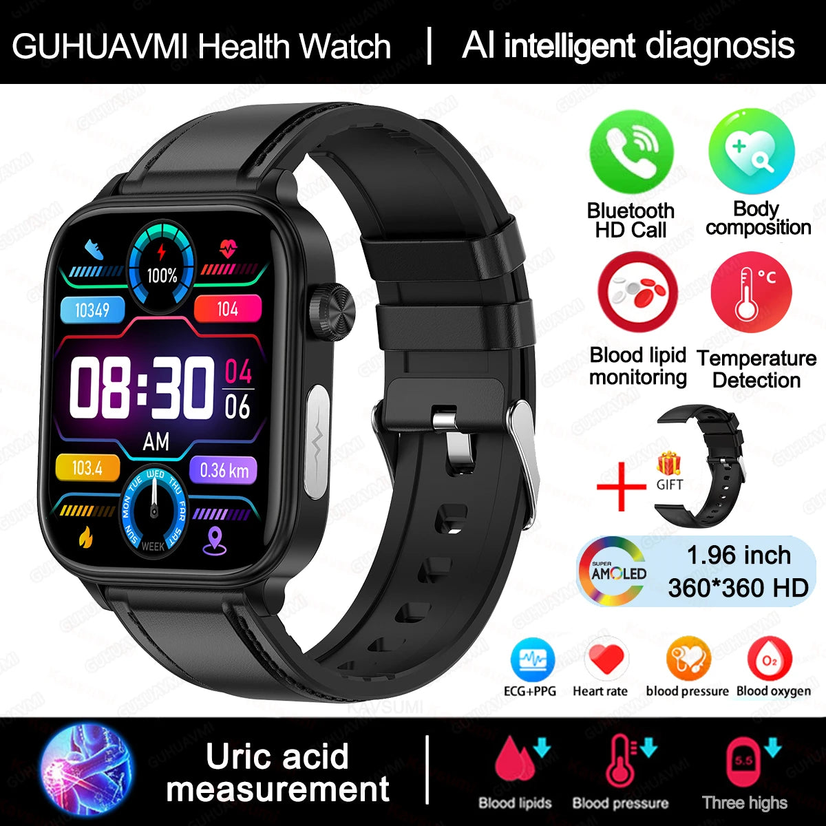 2025 AI Health Smartwatch | ECG+PPG Blood Lipids Uric Acid Body Composition | Men