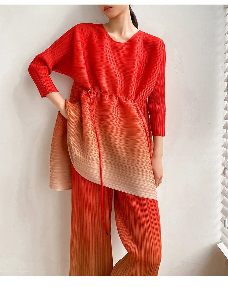 Miyake Fold Suit for Women 2024 Spring Summer Loose Foreign Style Two-piece Fashion Meat Shield Wide-leg Pants Two-piece Set