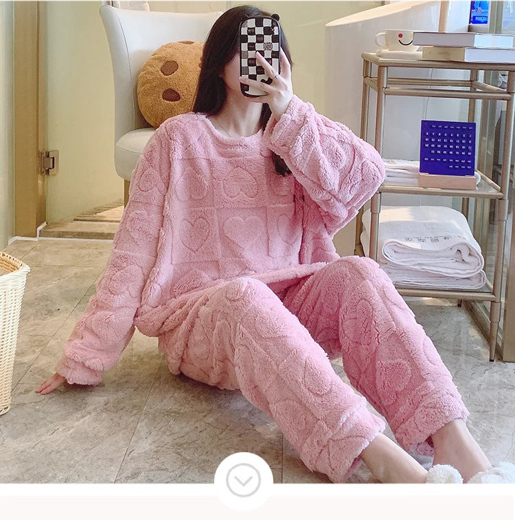 Plus Size Coral Fleece Pyjama Set | Thick Winter Sleepwear for Women | HotTrendyPicks