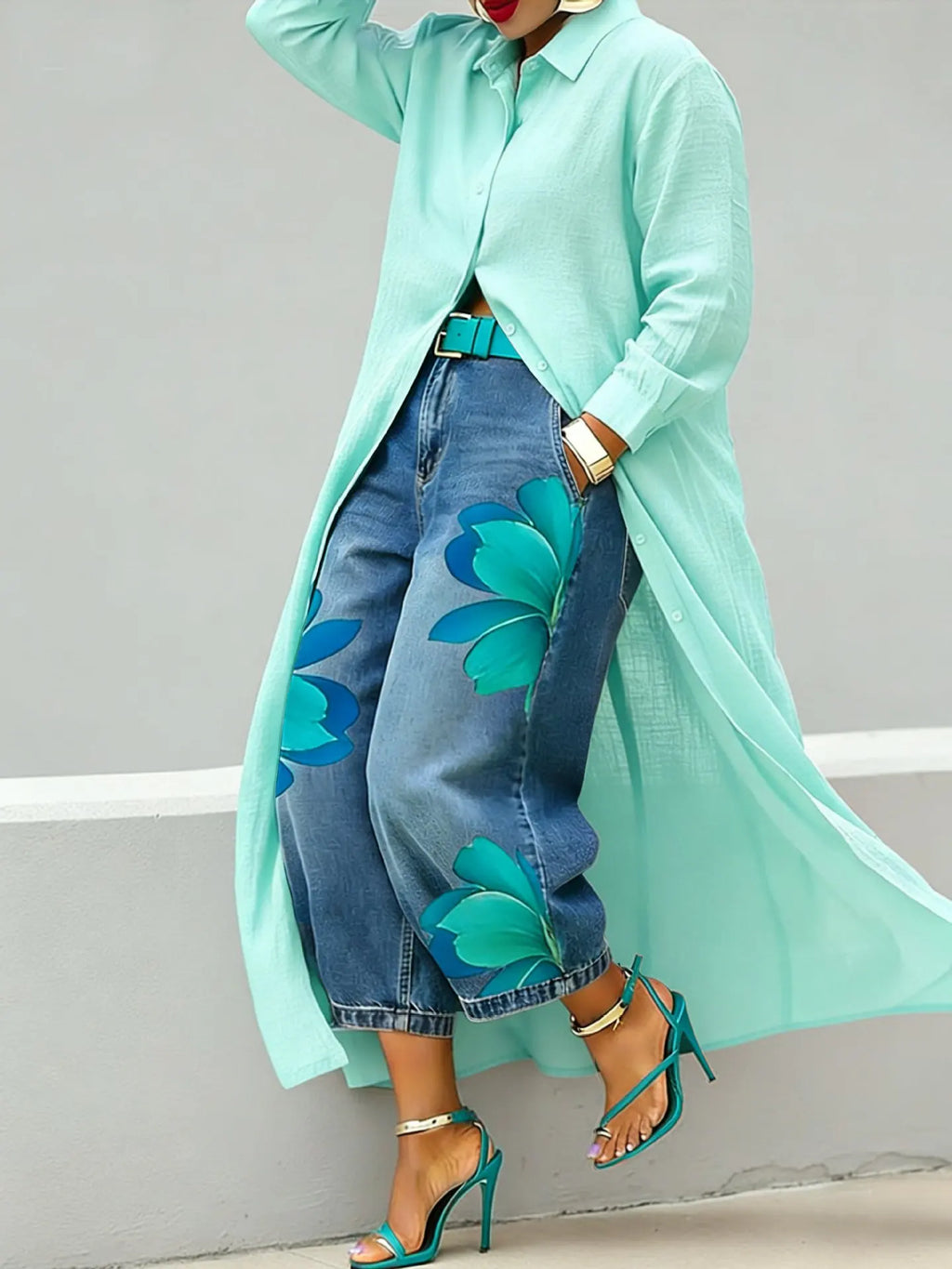 Casual Plus Size Shirt for Women's Longline Button Down Shirt Long Sleeve Loose Fit Maxi Tunic Blouse Open Front Cardigan Top