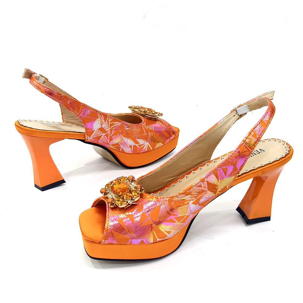 Elegant Women Heels for Peep Toe Good Material Design Rhinestone Fuchsia Sandals Italian Shoes and Bags