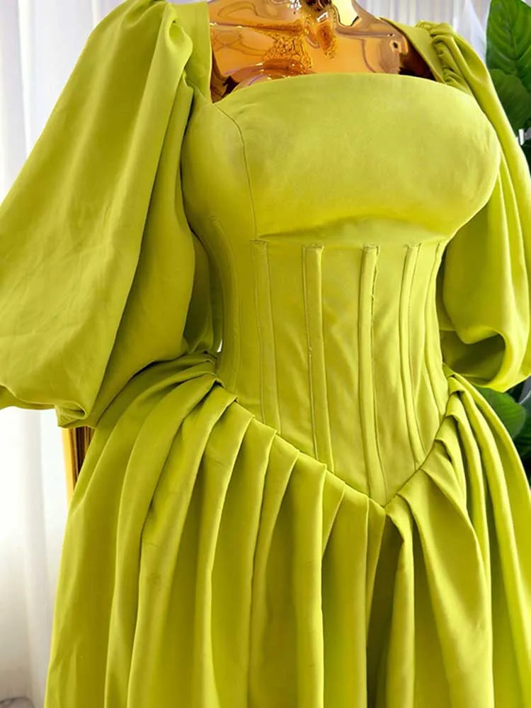 Women Ruched Sleeves Spring High Waist Elegant Slash Neck Long Sexy Green Dress